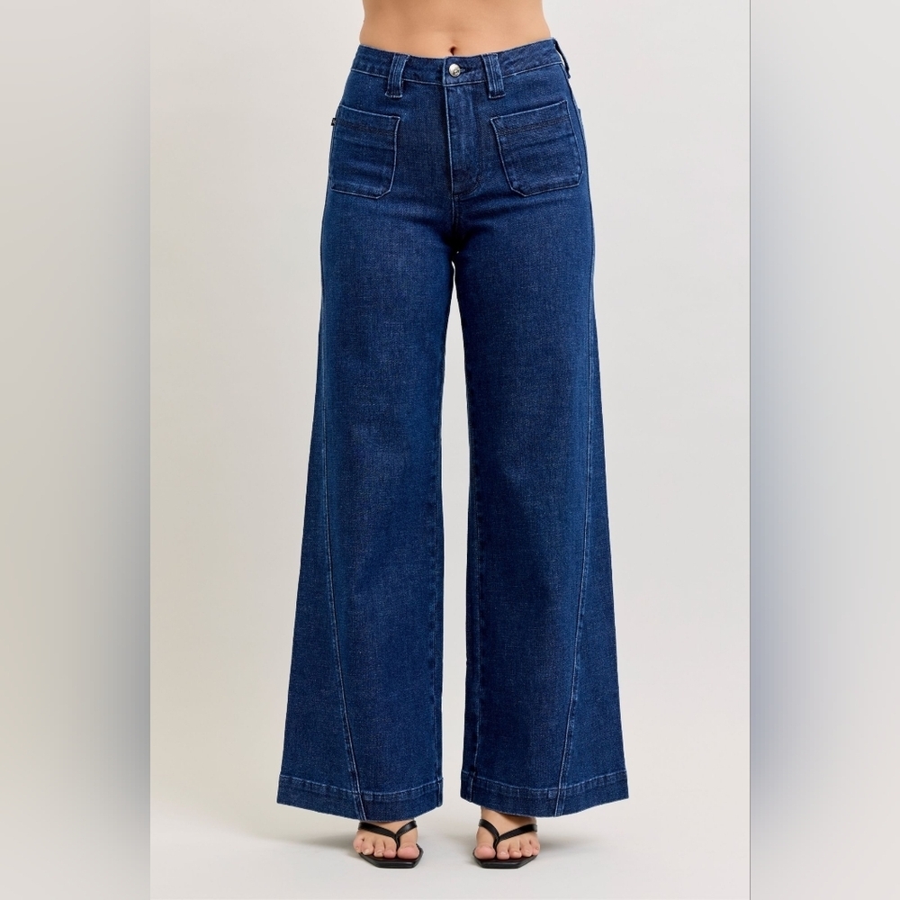 Judy Blue HR Dark Wash Retro Wide Leg Jeans Patch Pocket Wrap Seam Various NEW - Picture 2 of 10